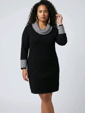 Jessica Howard Black Cowl Neck Shift Dress Size L Herringbone Trim